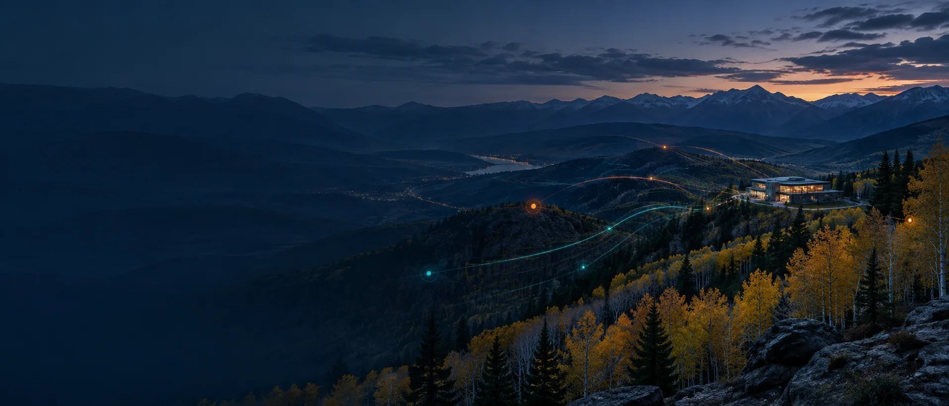 Colorado mountain landscape with signals converging on an exposed business